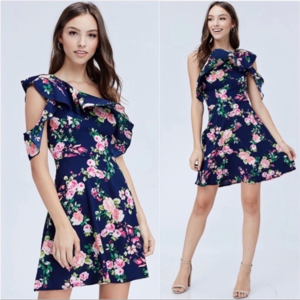 Women’s Navy Floral Cold Shoulder Mini Dress S